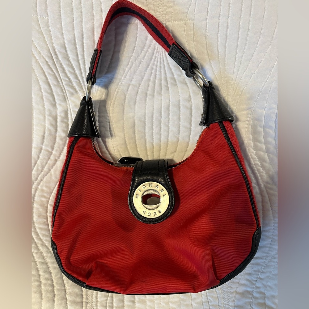 Michael Kors Red Nylon Hobo Bag Leather Trim Shoulder Bag
